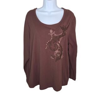 Denim & Co. Brown Beaded Lace Long Sleeve T-shirt Top Size 1x